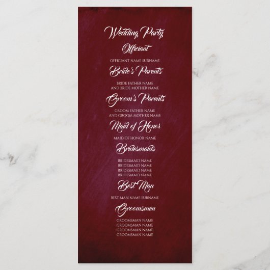 Pampas gras Bourgondië rood moderne bruiloft progr Programmakaart (Achterkant)