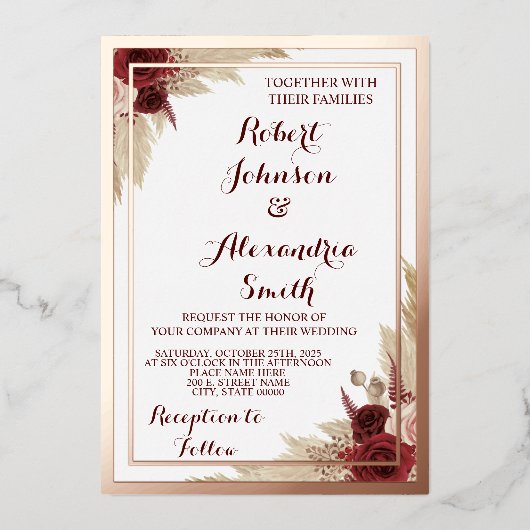 Pampas Gras Bruiloft Roze Goud Folie Uitnodiging (Voorkant)