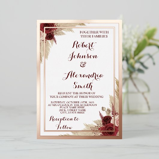 Pampas Gras Bruiloft Roze Goud Folie Uitnodiging (Staand Voorkant)