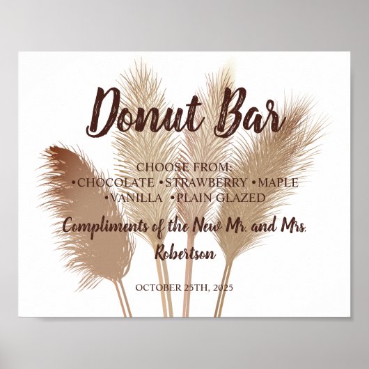 Pampas Gras Donut Bar Bruiloft Bruidsfeest Bord Poster (Voorkant)