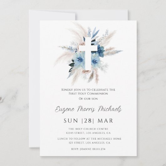 pampas gras dusty blue first communiqué uitnodigin kaart (Voorkant)