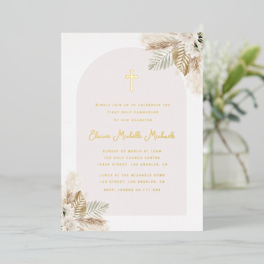 pampas gras eerste gemeenschap folie uitnodiging (Staand Voorkant)