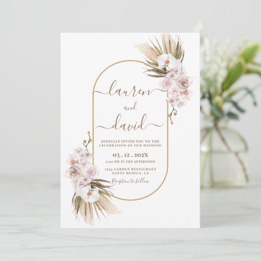 Pampas Gras Elegante Trouw Uitnodiging (Staand voorkant)