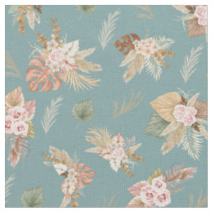 Pampas gras en bloemen op Blauw Groen Stof