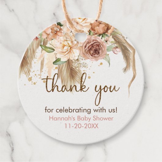 Pampas gras en Boho Rozen babyshower bedankkaart  Bedankjes Labels (Voorkant)