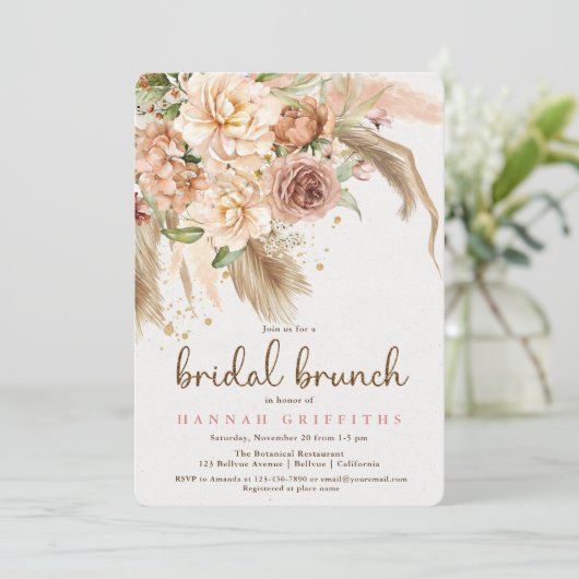 Pampas gras en boho rozen bridal brunch kaart (Staand voorkant)