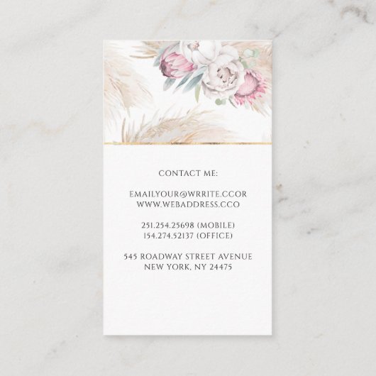 Pampas Gras en Koning Protea Bloem Elegant Exotisc Visitekaartje (Achterkant)