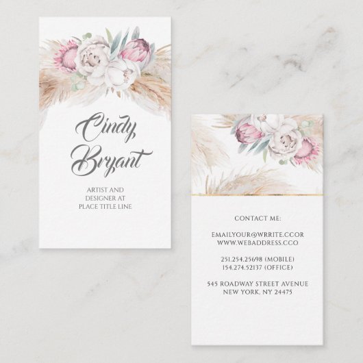 Pampas Gras en Koning Protea Bloem Elegant Exotisc Visitekaartje (Voorkant / Achterkant)