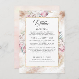 Pampas gras en roze koning Protea bruiloft details Informatiekaartje