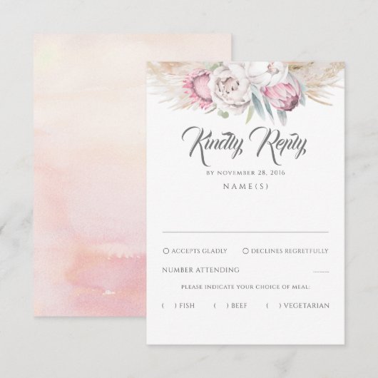 Pampas gras en roze koning Protea bruiloft RSVP Kaartje (Voorkant / Achterkant)