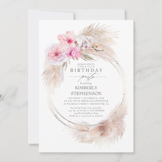 Pampas gras en roze orchidee exotische verjaardags kaart (Voorkant)