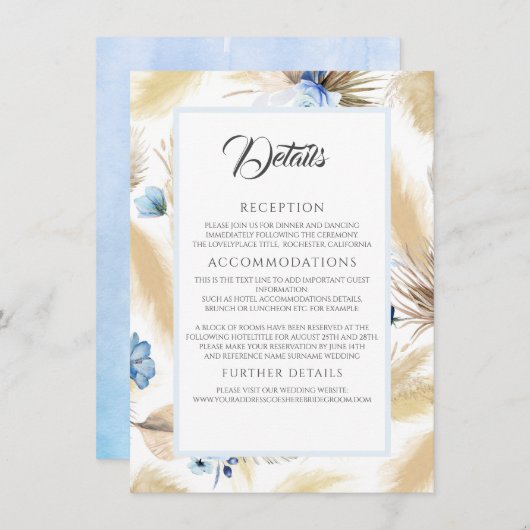Pampas Gras en Stoffelijk Blauw Bloem Bruiloft Det Informatiekaartje (Voorkant / Achterkant)