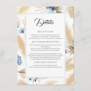 Pampas Gras en Stoffelijk Blauw Bloem Bruiloft Det Informatiekaartje