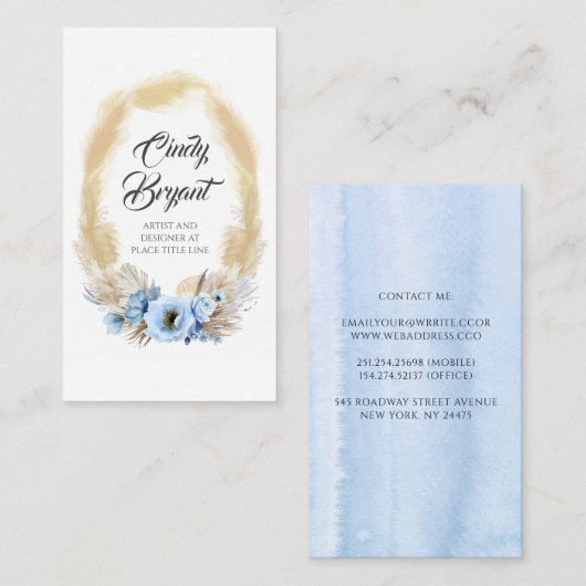 Pampas Gras en Stoffelijk Blauw Bloemen Elegant Ex Visitekaartje (Voorkant / Achterkant)