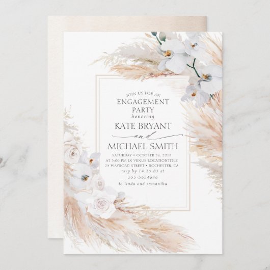 Pampas gras en witte orchideeën verlovingsfeest kaart (Voorkant / Achterkant)