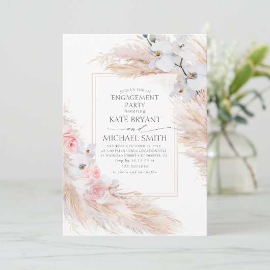 Pampas gras en witte orchideeën verlovingsfeest kaart (Staand voorkant)