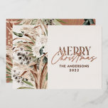 Pampas gras eucalyptus moody modern boho elegant folie feestdagenkaart<br><div class="desc">Pampas gras eucalyptus moody modern boho elegant moderne typografie terracotta,  zwarte,  natuurlijke en zwarte kerstkaart.</div>