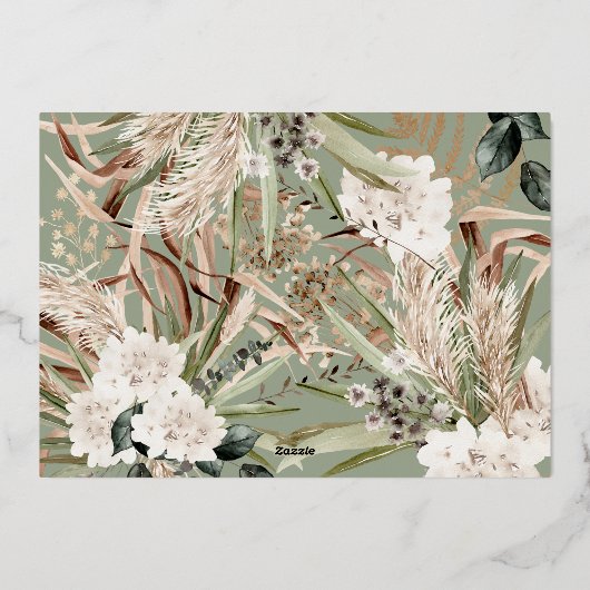 Pampas gras eucalyptus moody modern sage groen folie feestdagenkaart (Achterkant)