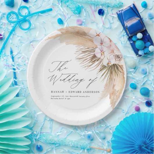 Pampas gras gedroogd botanisch script boho bruilof papieren bordje (Feest)