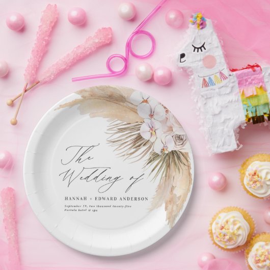 Pampas gras gedroogd botanisch script boho bruilof papieren bordje (Feest)