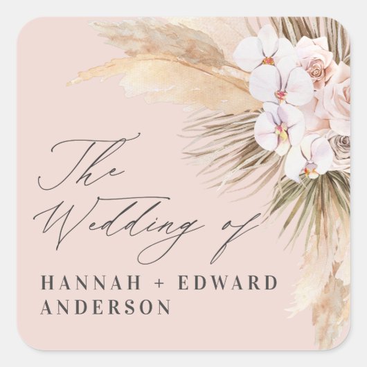 Pampas gras gedroogd botanisch script boho bruilof vierkante sticker (Voorkant)