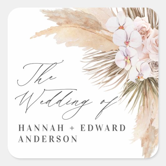 Pampas gras gedroogd botanisch script boho bruilof vierkante sticker (Voorkant)