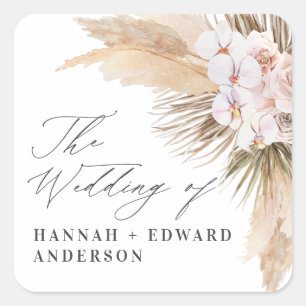 Pampas gras gedroogd botanisch script boho bruilof vierkante sticker