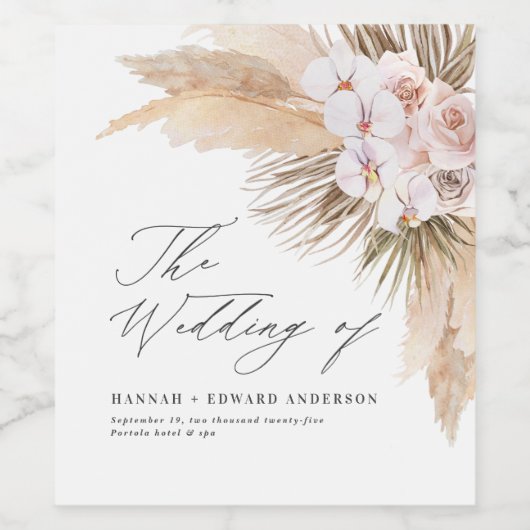 Pampas gras gedroogd botanisch script boho bruilof wijn etiket (Enkel label)