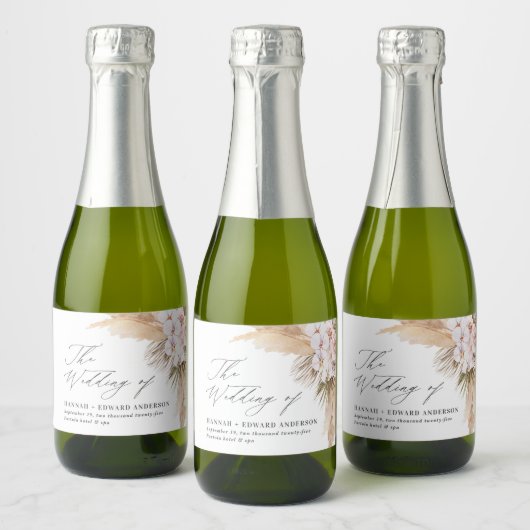 Pampas gras gedroogde botanische boho bruiloft gun sparkling wijnetiket (Flessen)