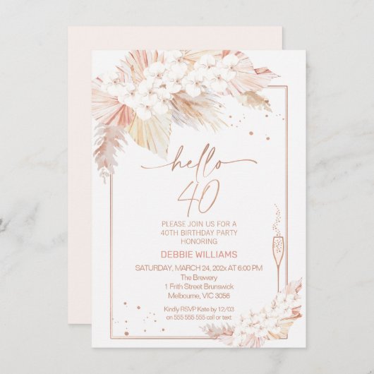 Pampas Gras Glas Hallo 40 Verjaardagsuitnodiging Kaart (Voorkant / Achterkant)