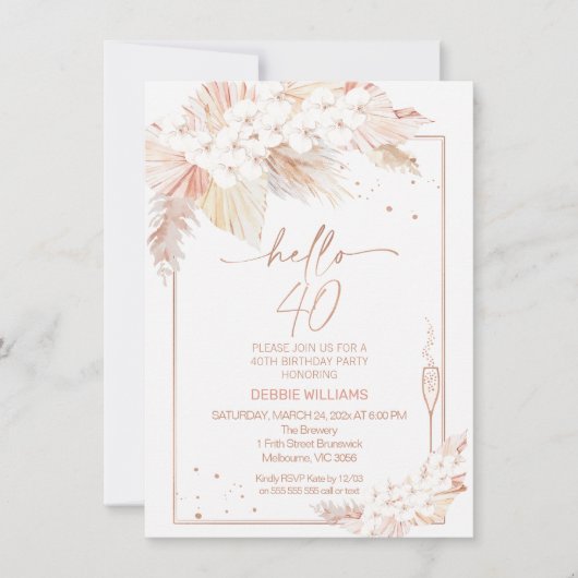 Pampas Gras Glas Hallo 40 Verjaardagsuitnodiging Kaart (Voorkant)