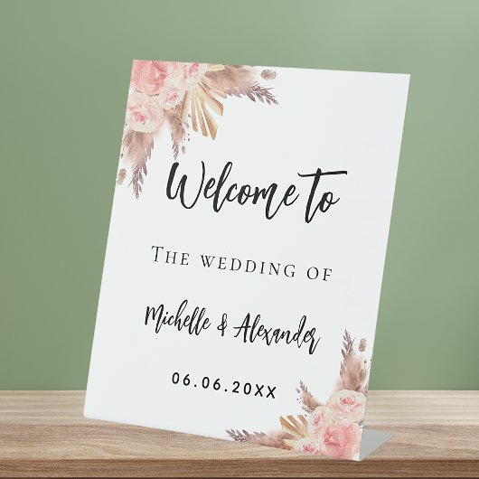 Pampas gras goudbloemen welkom bruiloft roos reclamebord met voetstuk
