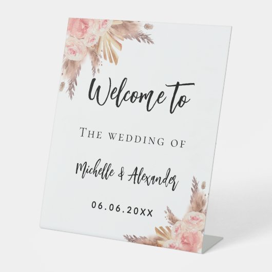 Pampas gras goudbloemen welkom bruiloft roos reclamebord met voetstuk (Voorkant)