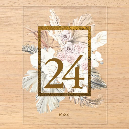 Pampas Gras Gouden Boho Acryl Tafelnummer (Voorkant)
