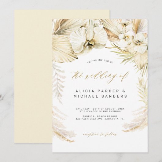 Pampas gras gouden orchidee tropische bohemien bru kaart (Voorkant / Achterkant)