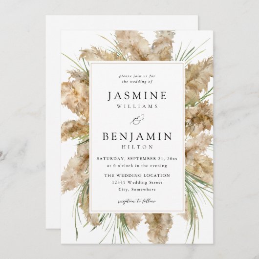 Pampas gras & groen bruiloft 2 kaart (Voorkant / Achterkant)