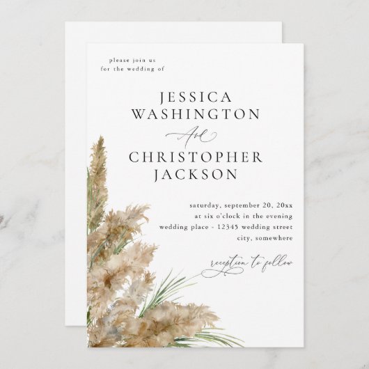 Pampas gras & groen bruiloft kaart (Voorkant / Achterkant)