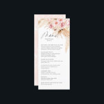 Pampas Gras Moderne Boho BLush PInk Menukaart<br><div class="desc">Waterverf Boho Bloemen Pampas Gras Bruiloft Diner Menu. Prachtig blush roze botanisch bloempatroon op de achterkant van de kaart. Deze bruiloft diner kaart is de perfecte keuze om te worden geplaatst op de top van bruiloft bord voor boho thema bruiloft.</div>