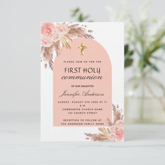 Pampas gras roos blush first communation luxe kaart (Staand voorkant)