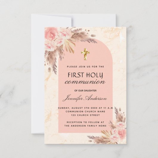 Pampas gras roos blush first holy communis kaart (Voorkant)