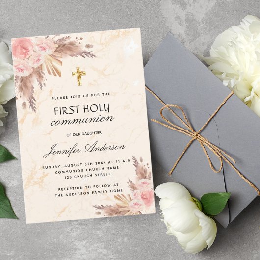 Pampas gras roos blush first holy communis kaart