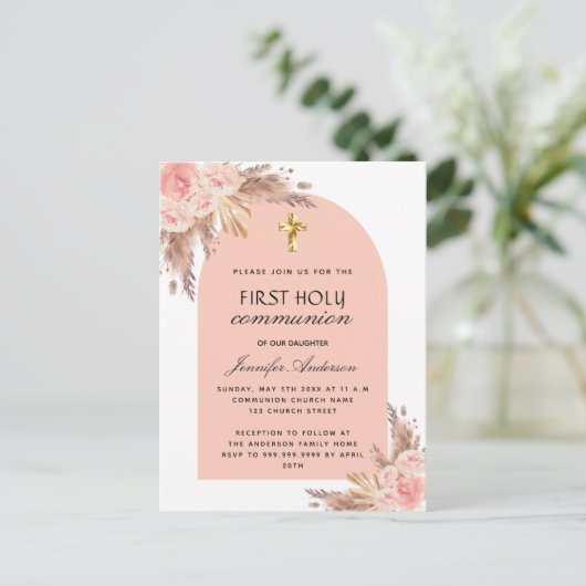 Pampas gras roos blush first holy communis uitnodiging briefkaart (Staand voorkant)