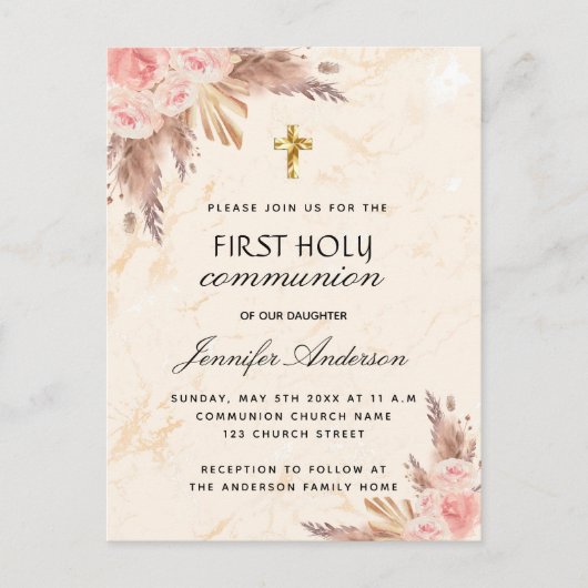 Pampas gras roos blush first holy communis uitnodiging briefkaart (Voorkant)