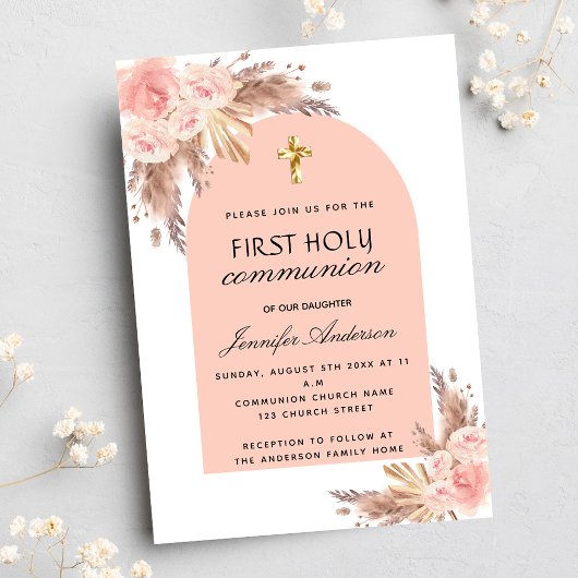 Pampas gras roos blush first holy communis uitnodiging briefkaart