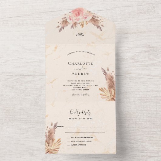 Pampas gras roos blush roze marmering all in one uitnodiging (Binnen)