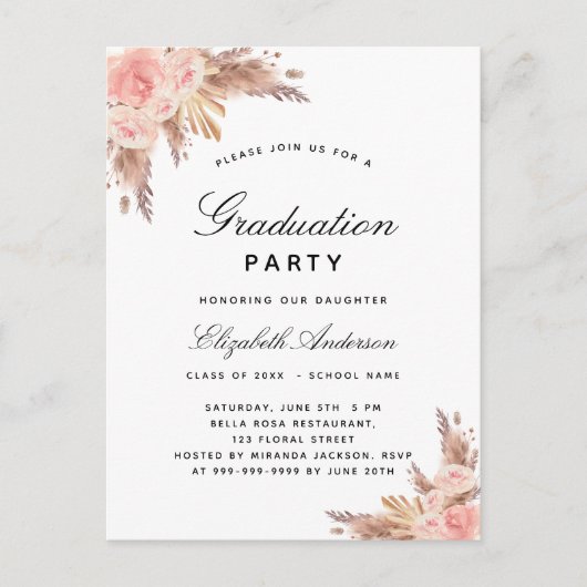 Pampas gras roos gouden blos Graduatie partij Uitnodiging Briefkaart (Voorkant)