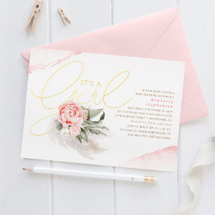 Pampas Gras Roze Bloem Cute Baby Shower Echt Folie Uitnodiging