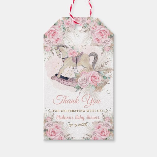 Pampas Gras Roze Bloemen Schommelend Paard Baby Sh Cadeaulabel (Voorkant)