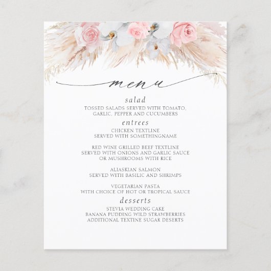 Pampas Gras Roze Bloemen Tropisch Menu (Voorkant)