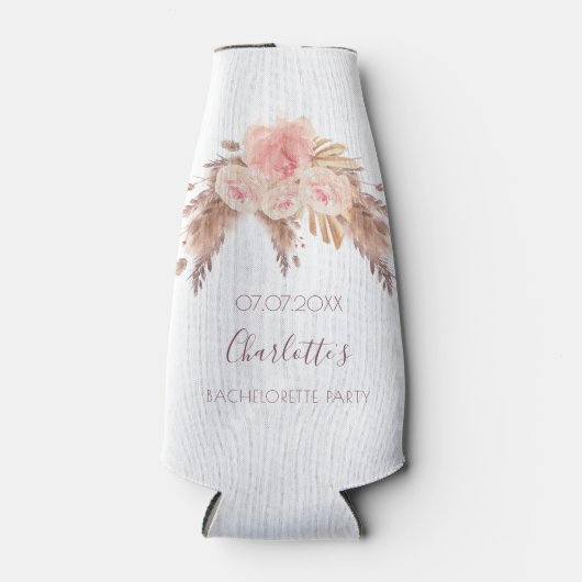 Pampas gras roze bloemetjes boho vrijgezellenfeest flesjeskoeler (Voorkant)